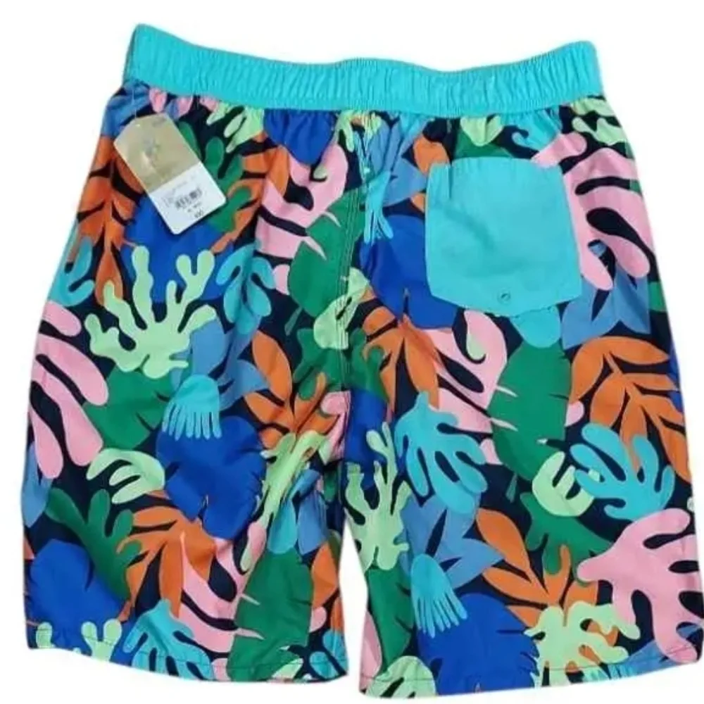 NWT Boys Turquoise Tropical Print Swim Trunks with BUILT IN BOXER ~XL 18/20